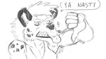 anthro clothed clothing fingers fur gesture hair hand_gesture looking_at_viewer male simple_background solo teeth text thumbs_down tongue tongue_out topwear waitfurgodot hyena mammal spotted_hyena 16:9 digital_media_(artwork) english_text monochrome widescreen