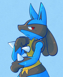 3_fingers ambiguous_gender anthro black_inner_ear black_markings blue_background blue_body blue_ears blue_fur blue_thighs chest_spike facial_markings fangs fingers fur gloves_(marking) hand_spike head_markings looking_at_viewer markings mask_(marking) mouth_closed pointy_ears red_eyes simple_background snout solo spikes spikes_(anatomy) standing tail tan_body tan_fur teeth white_sclera momensarada nintendo pokemon generation_4_pokemon lucario pokemon_(species) 2023 half-length_portrait hi_res portrait
