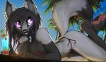 anthro beverage big_breasts bikini black_hair breasts clothing collar ear_piercing facial_piercing female food glass hair pawpads paws piercing smile solo swimwear thong two-piece_swimsuit underwear macmegagerc raven_(shadowfox89666) canid canine mammal 2016