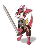 anthro armed armor barefoot breasts brown_eyes clothed clothing cute_fangs fangs feet female headgear helmet holding_object holding_weapon horn knight melee_weapon open_mouth red_body simple_background smile solo sword tail teeth warrior weapon miakameron mythology dragon mythological_creature mythological_scalie scalie