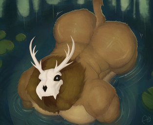 all_fours anthro antlers big_butt body_hair bone brown_body brown_fur butt chest_hair detailed_background flashlight fluffy fur glistening glistening_body glistening_butt hairy horn huge_butt lily_pad long_tail looking_up looking_up_at_partner male multicolored_body multicolored_fur muscular muscular_anthro muscular_male outside partially_submerged plant reflection ripples skull skull_head solo swamp tail thick_thighs tuft water wet aimskull american_mythology indigenous_north_american_mythology mythology north_american_mythology deer mammal monster mythological_creature wendigo 2026 digital_drawing_(artwork) digital_media_(artwork) hi_res signature