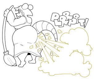 anthro big_breasts big_butt breasts broom butt cleaning_tool clothed clothing curvy_figure eyelashes fart fart_cloud fart_fetish female hairless_tail head_tuft holding_broom holding_cleaning_tool holding_object hood hooded_robe huge_butt huge_hips onomatopoeia open_mouth rear_view robe side_boob simple_background solo sound_effects text thick_thighs tuft white_background wide_hips yellow_fart_cloud existimatio atlyss sally_(atlyss) american_opossum chang_(atlyss) mammal marsupial 2026 black_and_white digital_drawing_(artwork) digital_media_(artwork) hi_res monochrome sketch spot_color