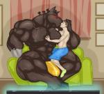 abs anthro biceps big_muscles blush bottomwear brown_body brown_fur bulge clothed clothing duo eyes_closed fur furniture hair hooves huge_muscles human_on_anthro hyper hyper_muscles interspecies kissing larger_male male male/male muscular muscular_male nipples on_lap pecs shorts sitting size_difference smaller_male sofa topless vein kartos clubbon equid equine horse human mammal