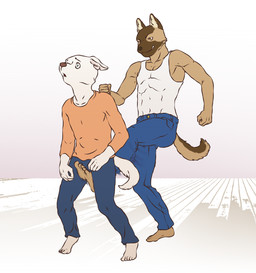 anthro attack ballbusting barefoot cock_and_ball_torture crotch_attack crotch_kick duo feet genital_torture kick male male/male open_mouth pain size_difference smile young young_anthro young_male 9x9 canid canine canis domestic_dog german_shepherd herding_dog husky mammal nordic_sled_dog pastoral_dog spitz hi_res