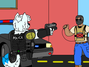 action_scene anthro bulletproof_vest gun handgun male pistol plate_carrier police police_officer ranged_weapon suicide_bomber weapon brutus_airsoft ford_crown_victoria glock glock_17 human mammal