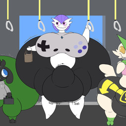 anthro bag balls big_balls big_breasts big_bulge big_butt big_penis black_bottomwear black_clothing black_eyewear black_glasses black_shorts blue_eyes blue_eyewear blue_glasses blush bottomwear breasts briefcase buckteeth bulge butt cellphone clothing crop_top electronics embarrassed eyewear front_view genitals glasses green_bottomwear green_clothing green_ears green_leggings green_legwear green_nose green_pants grey_body grey_clothing grey_ears grey_hair grey_hoodie grey_shirt grey_topwear group gynomorph hair holding_bag holding_briefcase holding_object holding_phone hoodie huge_balls huge_breasts huge_bulge huge_butt huge_penis hyper hyper_balls hyper_breasts hyper_bulge hyper_butt hyper_genitalia hyper_penis inside_train intersex leggings legwear looking_up looking_up_at_another male motion_lines navel nerd pants penis phone pink_clothing pink_crop_top pink_eyes pink_shirt pink_topwear public_transportation purple_hair sharp_teeth shirt shorts sloshing_balls smile tan_body teeth thick_thighs tight_clothing topwear trio white_body yellow_eyes inkyruler nintendo pokemon super_nintendo cola_(inkyunder) reathe_(character) tifa_(reathe) gardevoir generation_3_pokemon generation_5_pokemon generation_8_pokemon humanoid lagomorph legendary_pokemon leporid mammal pokemon_(species) rabbit raboot victini 2026 colored digital_media_(artwork) flat_colors hi_res nonbinary_(lore)