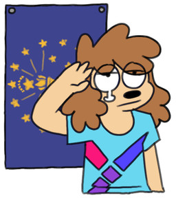 4_fingers anthro blue_clothing blue_shirt blue_t-shirt blue_topwear bodily_fluids brown_hair clothing eye_through_hair fingers flag flag_(object) fur gesture hair indiana_(state) male male_anthro mouth_closed print_clothing print_shirt print_t-shirt print_topwear salute shirt simple_background solo t-shirt tan_body tan_fur tears topwear translucent translucent_hair white_background freoncat normalsville harrod_(normalsville) canid canine canis domestic_dog mammal poodle 2024 colored digital_media_(artwork)