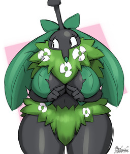 anthro anthrofied big_breasts black_body black_exoskeleton black_eyes border bottomwear bra breasts clothed clothed_female clothing exoskeleton female fingers_together front_view green_bottomwear green_bra green_clothing green_nose green_underwear huge_thighs leaf_clothing looking_away pink_background simple_background solo thick_thighs underwear white_border wide_hips miso_souperstar nintendo pokemon generation_4_pokemon plant_cloak_wormadam pokemon_(species) wormadam 2026 absurd_res digital_media_(artwork) hi_res