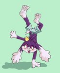 anthro barefoot big_ears blush clothed clothing crown dirty dirty_feet dirty_paws feet fur handstand headgear long_ears male purple_body purple_fur simple_background solo tongue tongue_out underwear underwear_only young young_anthro anonymous_artist bandai_namco klonoa_(series) fan_character kk_(klonoaking) domestic_cat felid feline felis hybrid mammal