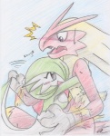 anthro black_eyes blush breasts claws duo emanata female green_hair hair hug humanoid_on_anthro male red_body shocked side_boob white_body pachirisuluva nintendo pokemon avian bird blaziken gardevoir generation_3_pokemon humanoid mammal pokemon_(species)