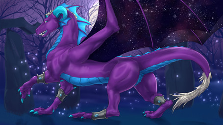 anus blue_body blue_claws blue_eyes blue_frill blue_horn cheek_frill claws female female_feral feral frill_(anatomy) genitals grass horn membrane_(anatomy) membranous_wings moon neck_frill night open_mouth outside plant purple_body side_view solo tail tail_tuft tree tuft vulva wings rufciu mythology dragon mythological_creature mythological_scalie scalie 16:9 2024 dated hi_res signature widescreen