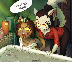 anthro asphyxiation bathtub bdsm bondage bound bruised clothed clothing cough dominant dominant_female drowning duo female female/female kidnapping torture seadewgin lackadaisy ivy_pepper serafine_savoy domestic_cat felid feline felis mammal hi_res