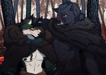 anthro black_body black_fur black_hair black_nipples blue_eyes bottomwear brown_eyes clothed clothing collar duo femboy forest forest_background fur green_body green_fur grey_body grey_fur hair male metal_collar muscular nature nature_background nipples pants plant scar topless tree kecoadewi elden_ring fromsoftware blaidd_(elden_ring) kudo_redfox_(character) canid canine canis hybrid mammal wolf absurd_res hi_res