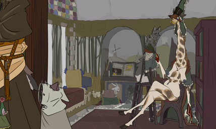 anthro big_breasts breasts casual_nudity clothing collar duo exhibitionism female female/female nipples nude public public_nudity sagging_breasts size_difference slave small_breasts omnipresentcrayon lord_administrator_of_papers_(omnipresentcrayon) note_(omnipresentcrayon) canid canine fox giraffe giraffid mammal hi_res