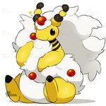 ambiguous_gender anthro black_eyes black_markings blush feet fluffy fluffy_tail forehead_gem fur gem heart_symbol holding_tail kemono markings red_gem simple_background sitting smile solo striped_markings stripes tail tail_hug white_background white_body white_fur white_tail yellow_body yellow_fur yellow_heart tontaro nintendo pokemon bovid caprine generation_6_pokemon mammal mega_ampharos mega_evolution pokemon_(species) 1:1 absurd_res hi_res signature watermark