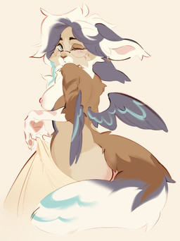 anthro areola biped blush breasts butt claws eyewear feathers female fingers fur glasses hair looking_at_viewer nipples nude nude_anthro nude_female rear_view simple_background solo tail wings bulochka avian bird domestic_cat felid feline felis hybrid mammal 2026 absurd_res digital_drawing_(artwork) digital_media_(artwork) hi_res