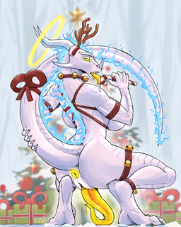 big_breasts blue_flames breasts claws genitals glowing glowing_genitalia glowing_penis glowing_precum glowing_tongue gynomorph halo holidays intersex penis prehensile_penis tongue yellow_penis dreycothewyrm christmas mythology andras angel dragon mythological_creature mythological_scalie scalie hi_res