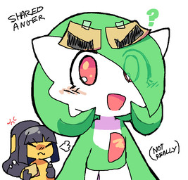 angry duo eyebrows female hair hair_over_eye open_mouth open_smile post-it_note question_mark simple_background smile white_background melfunnysmell nintendo pokemon gaba_(melfunnysmell) gardevoir generation_3_pokemon humanoid mawile pokemon_(species)