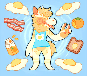 3_toes 4_fingers anthro bacon blue_background blue_clothing blue_shirt blue_tank_top blue_topwear bottomless bottomless_male bread butter carton claws clothed clothing cooked_food dairy_products egg fangs feet finger_claws fingers fluffy fluffy_tail food fruit fur hair hand_pawpads juice_(beverage) juice_carton light male markings meat multicolored_body multicolored_fur neck_tuft open_mouth orange_(fruit) orange_claws orange_eyes orange_hair orange_juice orange_tail pawpads pink_inner_ear pink_markings pink_pawpads pink_tongue plant pupils shirt short_hair simple_background solo standing swirl_(marking) tail tank_top teeth text toast toes tongue tongue_out topwear tuft yellow_body yellow_fur yellow_pupils yellow_sclera cyberdaydream tamago_(chotpot) kragoc 2017 artist_name colored digital_drawing_(artwork) digital_media_(artwork) english_description full-length_portrait lighting portrait