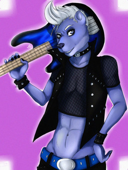 anthro bass_guitar clothed clothing collar fishnet_clothing guitar jacket looking_at_viewer male musical_instrument open_clothing open_jacket open_topwear plucked_string_instrument smile solo string_instrument topwear mishabahl marius_(fursona) mammal mustelid otter 3:4 hi_res