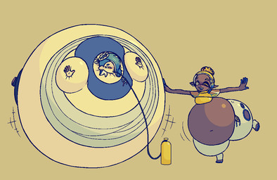 5_fingers 5_toes air_inflation air_tank blue_clothing blue_topwear blush body_inflation bottomwear chest_wraps clothing dark_body dark_skin duo feet female fingers footwear hair hair_over_eye hat headgear headwear hose hose_in_mouth hose_inflation hyper hyper_inflation immobile inflation looking_at_viewer lying midriff monotone_background navel on_front on_one_leg one_eye_closed open_mouth open_smile pants pink_eyes pointy_ears shoes simple_background smile smiling_at_viewer spherical_inflation standing toeless_footwear toes topwear white_bottomwear white_clothing white_pants wraps yellow_clothing yellow_eyes yellow_topwear bo-the-sno nintendo splatoon frye_(splatoon) shiver_(splatoon) animal_humanoid aquatic cephalopod humanoid inkling mollusk mollusk_humanoid octarian octoling 2022 digital_media_(artwork)