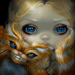 ambiguous_gender blonde_hair blue_eyes duo eyebrows female feral fur hair lips looking_at_viewer makeup pale_skin pink_lips smile stripes tail thin_eyebrows jasmine_becket-griffith alice_in_wonderland alice_(alice_in_wonderland) cheshire_cat cheshire_cat_(species) domestic_cat felid feline felis human mammal 1:1 2015 formal_art low_res painting_(artwork) traditional_media_(artwork) traditional_painting_(artwork)