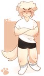 anthro black_bottomwear black_clothing black_shorts black_striped_socks bottomwear bulge clothed clothing crossed_arms floppy_ears footprint footwear freckles fur hair looking_away male pawprint pouting shirt shorts simple_background socks solo tail tan_body tan_ears tan_fur tan_hair tan_tail topwear white_clothing white_footwear white_shirt white_socks white_topwear ichbinturkisch ichi_(ichbinturkisch) bird_dog canid canine canis domestic_dog golden_retriever hunting_dog mammal retriever 2024 absurd_res digital_media_(artwork) hi_res