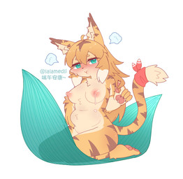 anthro blonde_hair bodily_fluids breast_milking breasts butt female green_eyes hair lactating nipples nude pink_nipples sex_toy shy solo yellow_body lalamedli cygames world_flipper mia_(world_flipper) felid mammal pantherine tiger absurd_res hi_res