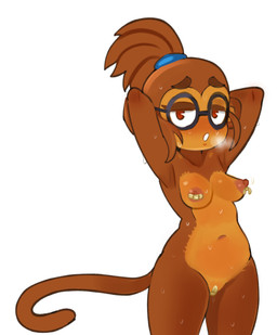 anthro areola band-aid band-aid_on_genitals band-aid_on_nipple band-aid_on_pussy bandage blush bodily_fluids breasts breath brown_body brown_fur eyebrows eyelashes eyewear female front_view fur glasses hair hands_behind_head navel nipples pink_areola pink_nipples ponytail red_eyes round_glasses simple_background small_breasts solo sweat sweatdrop thick_eyebrows thick_thighs white_background wide_hips 2x_(artist) bloons_tower_defense ninja_kiwi dart_monkey_(bloons) patch_(bloons) haplorhine mammal monkey primate hi_res