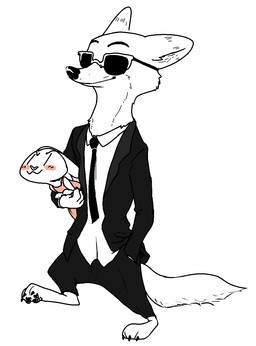 accessory ambiguous_gender anthro blush carrying_another clothed clothing duo eyewear male necktie suit sunglasses vertical_bar_eyes nobby_(artist) disney zootopia judy_hopps nick_wilde canid canine fox lagomorph leporid mammal rabbit red_fox true_fox aliasing binary_drawing digital_drawing_(artwork) digital_media_(artwork) hi_res