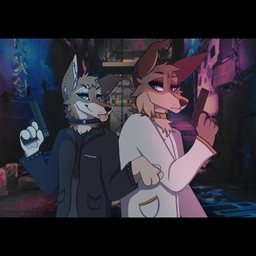 alley anthro black_bars clothing collar duo dystopian gold_(metal) gold_collar gold_jewelry gun handgun jewelry male male/male metal_collar paw_pose pistol pose ranged_weapon ring silver_(metal) silver_collar silver_ring suit weapon white_clothing white_suit kentopaws fenn_(kentopaws) kael_(ketapawz) canid canine canis ethiopian_wolf golden_jackal jackal mammal 1:1 absurd_res hi_res letterbox