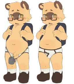 ambiguous_gender anthro assisted_exposure backpack balls blush briefs brown_body brown_eyes brown_fur bulge clothed clothing disembodied_hand duo eyewear flaccid foreskin fur genitals glasses humanoid_genitalia humanoid_penis kemono looking_at_viewer male male/ambiguous navel open_mouth penis shota simple_background slightly_chubby small_penis solo_focus tighty_whities topless underwear white_background white_briefs white_clothing white_underwear young young_anthro young_male moki_(artist) bear mammal hi_res