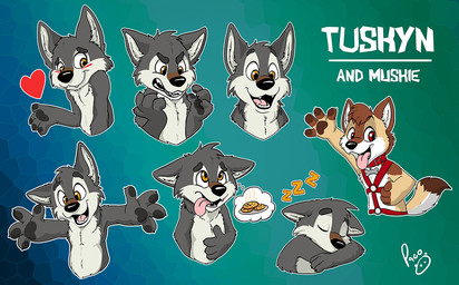 abstract_background angry anthro black_nose brown_hair cheek_tuft closed_smile collar facial_tuft fangs front_view fur glistening glistening_eyes glistening_nose grey_body grey_fur hair harness head_tuft logo male male_anthro mouth_closed nude open_mouth open_smile orange_eyes pink_tongue red_collar red_eyes short_hair sleeping smile solo sound_effects tan_body tan_fur teeth thought_bubble tongue tongue_out tuft vowelless vowelless_sound_effect white_body white_fur zzz pandapaco canid canine mammal artist_logo bust_portrait expression_sheet multiple_images portrait signature