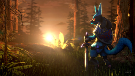 anthro biped butt detailed_background forest grass looking_at_viewer male melee_weapon musical_instrument ocarina plant red_eyes scabbard shield solo sunset sword tree weapon wind_instrument lucario-ace nintendo pokemon the_legend_of_zelda canid generation_4_pokemon lucario mammal pokemon_(species) 16:9 3d_(artwork) digital_media_(artwork) hi_res source_filmmaker_(artwork) widescreen