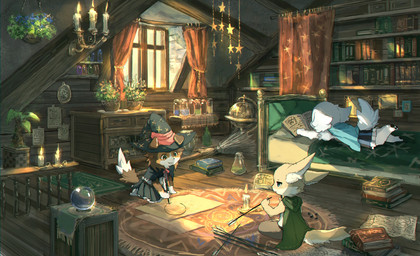amazing_background anthro arrow_(weapon) bed black_pawpads blue_eyes book bookshelf bottomwear broom brown_body brown_eyes brown_fur candle cape cleaning_tool clothed clothing curtains day detailed_background dipstick_tail dress female fire floppy_ears flower fluffy fluffy_tail fur furniture globe group inner_ear_fluff kemono light lying lying_on_bed magic_user male markings multicolored_tail on_bed on_front pawpads paws plant plant_pot potted_plant ranged_weapon reading scenery_porn sitting skirt smile snout sunlight tail tail_markings tan_body tan_fur tuft weapon white_body white_fur window witch young young_anthro pippi913 canid canine canis collie domestic_dog fox herding_dog mammal pastoral_dog sheepdog 2016 detailed digital_media_(artwork) digital_painting_(artwork) hi_res painting_(artwork)