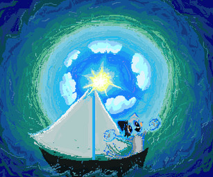 ambiguous_gender anthro boat cloud day fur grey_body grey_fur sea solo sun surrealism vehicle water watercraft demensa canid canine canis domestic_dog mammal 2020 6:5 digital_media_(artwork) pixel_(artwork)