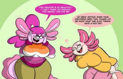 anthro blush bottomwear clothed clothed_anthro clothed_female clothing dialogue duo eyebrows eyelashes female fin fluttering gesture gills green_background hair hand_on_cheek happy holding_face knitting_needle lesbian_pride_colors lgbt_pride long_hair long_tail one_eye_closed open_mouth open_smile pants pink_body pink_eyes pink_hair pink_scales ponytail pride_colors raised_finger raised_pinky scales simple_background smile sparkles sparkling_eyes sweater tail tail_fin teeth text topwear wink supremekhi lgbt_pride_month fan_character amphibian aquatic axolotl mole_salamander salamander english_text hi_res story story_in_description