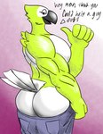 anthro big_butt big_pecs butt clothing clothing_pull dressing green_body male multicolored_body musclegut muscular pecs solo speech_bubble two_tone_body wardrobe_malfunction nastyfr avian bird hi_res