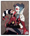 4_eyes anthro blush cape clothed clothing duo eye_contact gloves handwear holding_head looking_at_another male male/male multi_eye red_eyes sitting_on_another smile yaddoriart helluva_boss blitzo_(helluva_boss) stolas_(helluva_boss) avian bird demon imp owl 2020 absurd_res digital_media_(artwork) hi_res