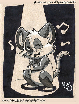 anthro cheek_tuft electronics eyes_closed facial_tuft featureless_crotch head_tuft holding_microphone holding_object logo male microphone nude open_mouth open_smile smile solo text tuft whiskers young young_anthro young_male pandapaco mammal rodent species_request artist_logo monochrome signature url