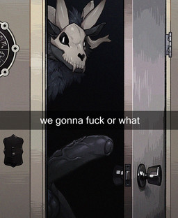 anthro balls big_penis black_body black_fur black_penis bone canine_skull chest_tuft door door_handle doorknob doorway erection fangs foreskin fur genitals glans horn humanoid_genitalia humanoid_penis light_switch long_penis looking_at_viewer male male_anthro penis profanity skull skull_head solo talking_to_viewer teeth text tuft vein veiny_penis white_eyes mahim_pupsik american_mythology indigenous_north_american_mythology mythology north_american_mythology roderick_(elsifthewolf) canid canine mammal wendigo 2025 detailed digital_drawing_(artwork) digital_media_(artwork) english_text hi_res