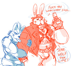 anthro backless_gloves bdsm belly big_muscles biped bone bottomwear briefs bulge clothed clothing corruption dialogue duo ear_piercing fingerless_gloves fully_clothed fur gesture gloves hand_gesture handwear harness headgear headkerchief headwear homophobic_slur hypnosis jacket kerchief leather leather_daddy long_ears male middle_finger mind_control musclegut muscular muscular_male open_clothing open_jacket open_topwear overweight overweight_male pants piercing predator/prey profanity simple_background skull smile snout speech_bubble spiral spiral_eyes submissive submissive_male text tighty_whities tongue tongue_out topless topwear underwear whiskers white_background white_briefs white_clothing white_underwear anothermeekone nintendo star_fox peppy_hare wolf_o'donnell canid canine canis lagomorph leporid mammal rabbit wolf 2017 color_contrast english_text hi_res sketch