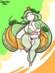 2019 belly_dancer big_breasts breasts crown dancing elemental_creature elemental_humanoid english_text eyelashes eyes_closed female flora_fauna flower generation_5_pokemon headgear hi_res humanoid immortalstar leaf leaf_hair lilligant lily_(immortalstar) mouthless nintendo nipple_outline not_furry plant plant_hair plant_humanoid pokemon pokemon_(species) pseudo_hair signature solo text