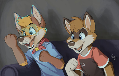 anthro black_clothing black_shirt black_t-shirt black_topwear blue_clothing blue_eyes blue_shirt blue_t-shirt blue_topwear brown_body brown_fur brown_nose clothed clothing duo eyewear fangs fur furniture glistening glistening_eyes gloves_(marking) goggles happy male markings open_mouth open_smile orange_body orange_fur red_clothing red_shirt red_t-shirt red_tongue red_topwear shirt sitting smile sofa t-shirt teeth tongue topwear white_body white_fur young young_anthro young_male pandapaco canid canine mammal