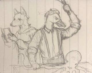 anthro beak butcher clothed clothed_anthro clothed_male clothing ears_up feathers feral fur group looking_down male male/male reading trio reynard_goodfellow anatid anseriform aquatic avian bird canid canine canis cephalopod coleoid duck mammal mollusk octopodiform octopus wolf monochrome