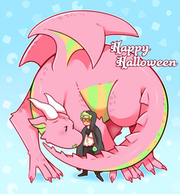 back_wings blue_background curved_horn dot_eyes green_goo green_hair hair half-closed_eyes holidays horn membrane_(anatomy) membranous_wings narrowed_eyes pink_goo simple_background simple_eyes size_difference wings wizard_robe darkchibishadow gummyandthedoctor halloween mythology dr._edwin_glum_(gummyandthedoctor) gummy_(gummyandthedoctor) alien dragon goo_creature human mammal mythological_creature mythological_scalie scalie genderfluid_(lore) nonbinary_(lore) trans_(lore) trans_man_(lore)