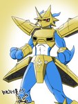 abs anthro armor blue_body gold_(metal) gold_armor male midriff muscular red_eyes solo kakaoholic bandai_namco digimon digimon_(species) magnamon scalie absurd_res hi_res