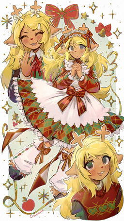 anthro antler_accessory antlers apple bell blonde_hair blush blush_lines bow_ribbon brown_body brown_eyes brown_fur buckteeth clothing cloven_hooves dress eyebrow_through_hair eyebrows eyelashes eyes_closed female food fruit fur furgonomics hair holly_(plant) hooves horn legwear looking_at_viewer open_mouth plant simple_background solo sparkles teeth translucent translucent_hair bunsidhe deltarune undertale_(series) noelle_holiday cervine deer mammal 2026 9:16 hi_res signature