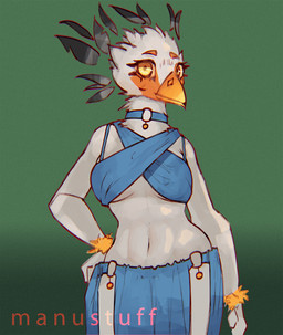anthro bandeau beak blue_bandeau blue_bottomwear blue_clothing blue_skirt blue_topwear bottomwear breasts choker clothed clothing criss-cross_bandeau facial_markings feathered_crest feathers female fully_clothed head_crest head_markings jewelry markings mask_(marking) medium_breasts midriff navel necklace non-mammal_breasts non-mammal_navel orange_markings simple_background skimpy skirt solo standing topwear under_boob white_body white_feathers yellow_eyes manustuff accipitriform avian bird secretary_bird colored digital_media_(artwork) hi_res portrait three-quarter_portrait