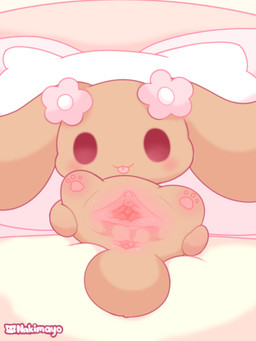 anus bedding bedding_background blush bodily_fluids body_blush brown_body brown_fur chibi clitoral_hood clitoris female feral flower_ornament fur genital_fluids genitals head_accessory humanoid_genitalia humanoid_genitalia_on_feral humanoid_vulva humanoid_vulva_on_feral long_ears pawpads pillow pink_pawpads short_tail simple_eyes solo spread_anus spread_vulva spreading tail tongue tongue_out urethra vaginal_fluids vulva vulva_blush nakimayo cinnamoroll sanrio mocha_(cinnamoroll) canid canine canis domestic_dog mammal 3:4 digital_drawing_(artwork) digital_media_(artwork) hi_res